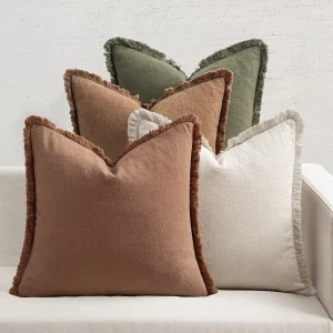 Set of 4 Neutral Linen Fringe Throw Pillows.