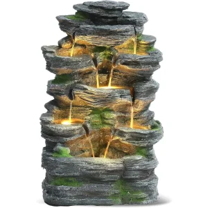 7-Tiers Cascading Rock Water Fountain with 6 LED Lights