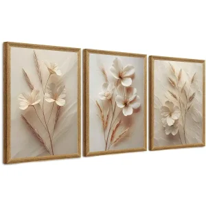 3Pcs Framed Neutral Beige Floral Canvas Art
