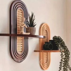 1pc Arched Wood Rattan Floating Shelf