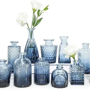 Set of 12 Mini Blue Glass Bud Vases