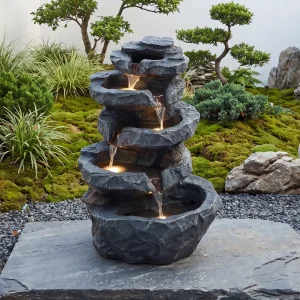 5-Tier Cascading Rock Outdoor Water Fountain with 4 LED Lights