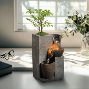 Tabletop Waterfall Fountain with LED Light & Plant Pot