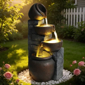 Rock Waterfall Outdoor Fountain With LED Lights